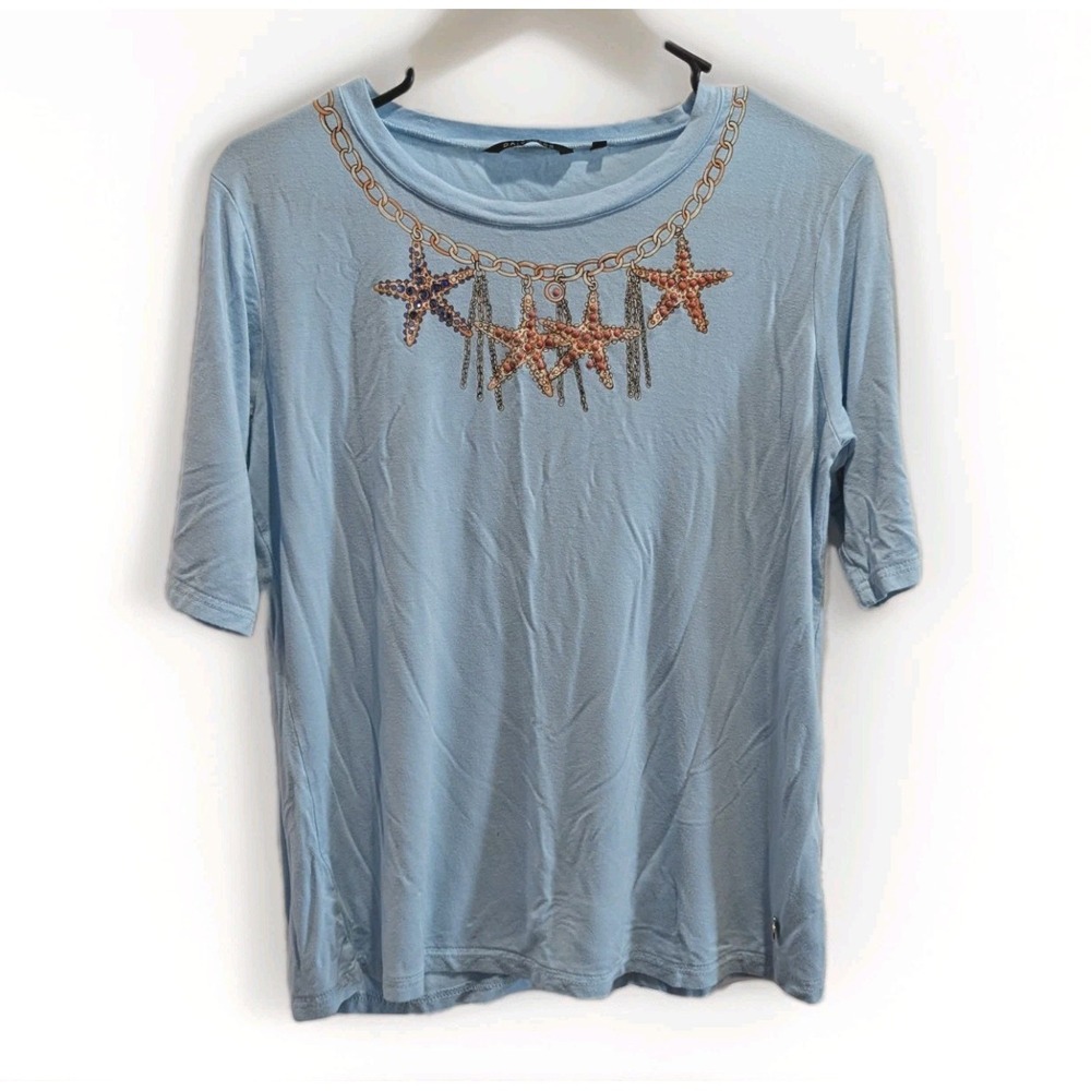 Coastal Chic Nautical Starfish Charm Print Aqua Beach Vacation Top XL